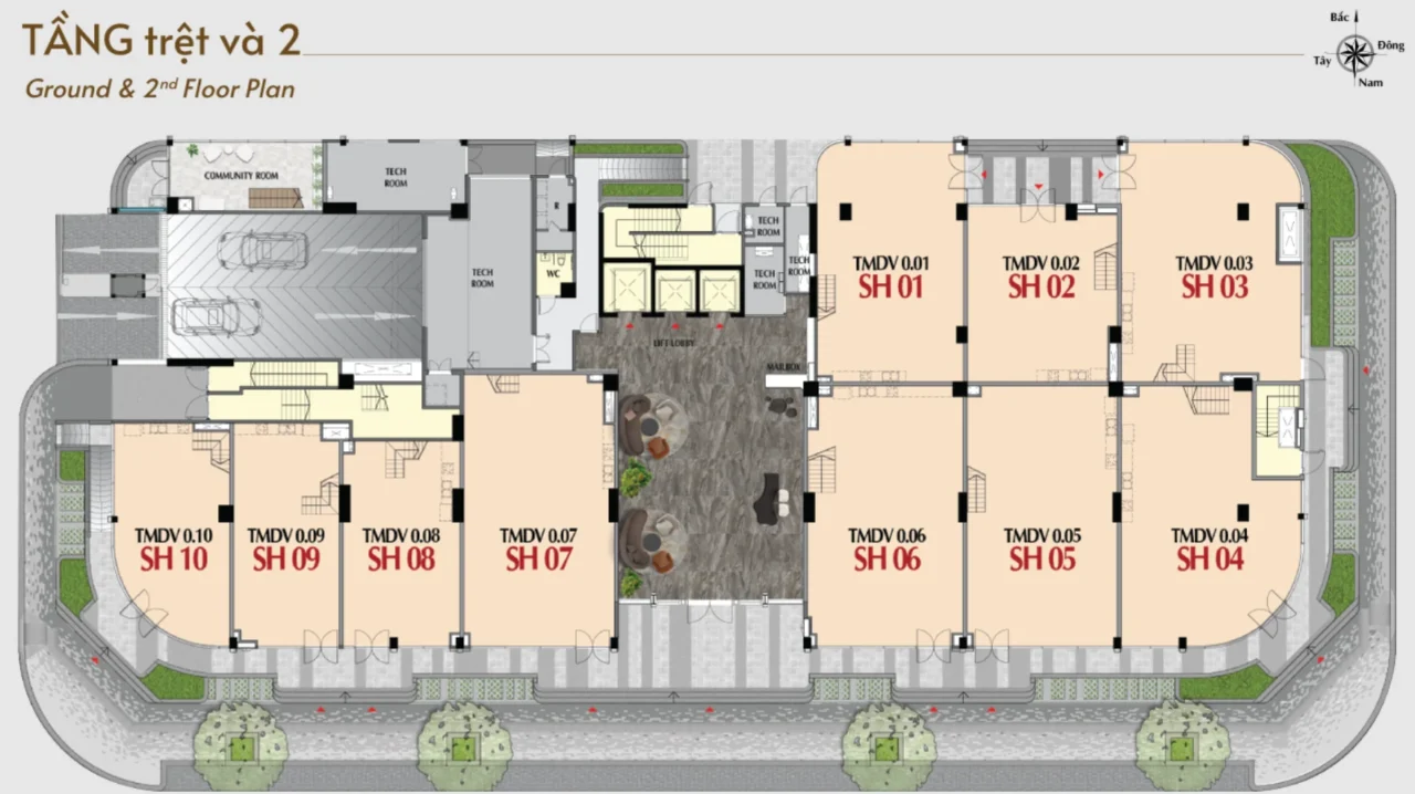 Mặt bằng tầng 1-2 shophouse